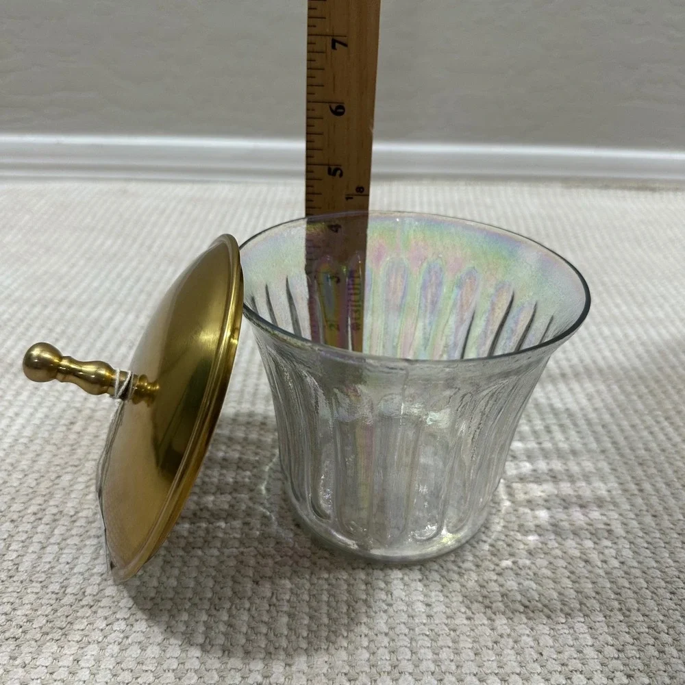 Anthropologie Lustrous Canister Iridescent‎ Fluted Glass Gold Lid 6.5